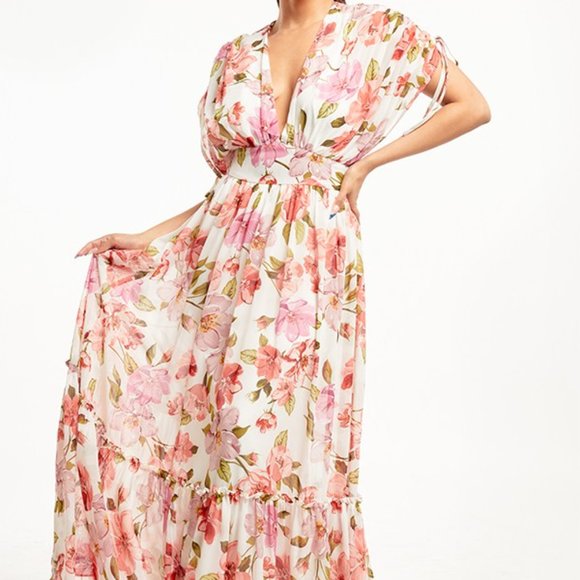 MAXI DRESS FLORAL CHIFFON RUCHED SLEEVE - Picture 4 of 4